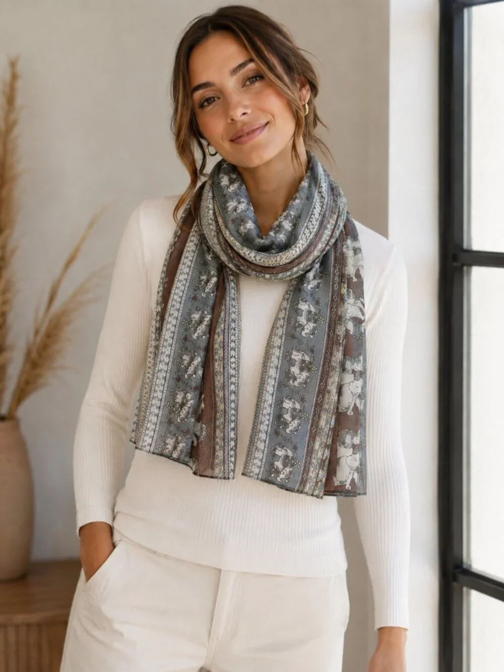 Boho Elephant Print Scarf Blue Brown Cream Lightweight